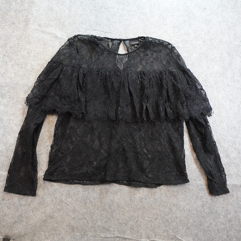 Who What Wear Top Womens Large Black Lace Ruffle Sheer Long Sleeve Crew Neck